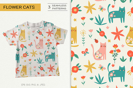 Floral Cats Seamless Patterns