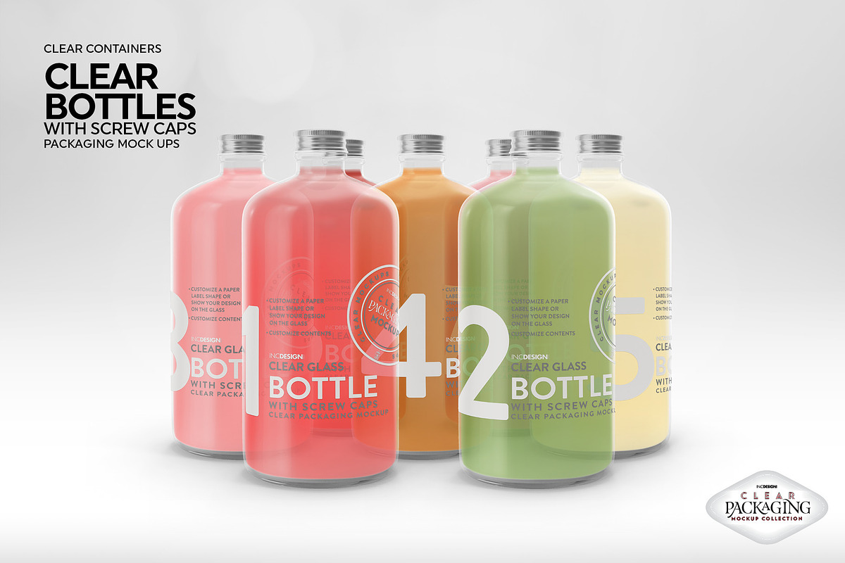 Clear Bottles with Screw Caps Mockup, a Packaging Mockup by INCDesign (Photo 6 of 10)