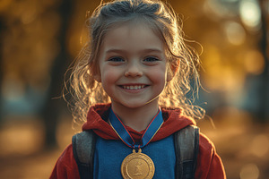 Young girl smiles brightly while wea, a Photo by Tanuart