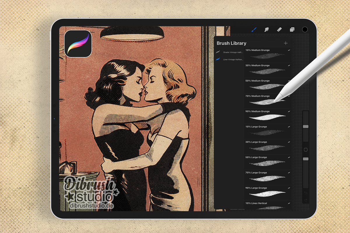 Procreate Vintage Halftones Brushes, a Brush Add-On by DiBrush Studio (Photo 6 of 7)