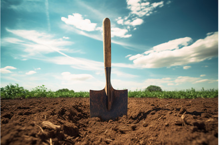 Shovel stuck in the ground in, a Nature Photo by Ylivdesign