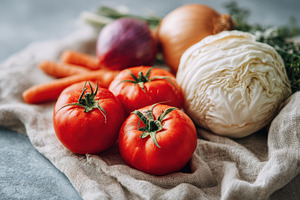 Fresh vegetables in linen cloth, a Food & Drink Photo by AlyaAnd