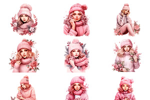 Pink Cozy Christmas Girl Clipart