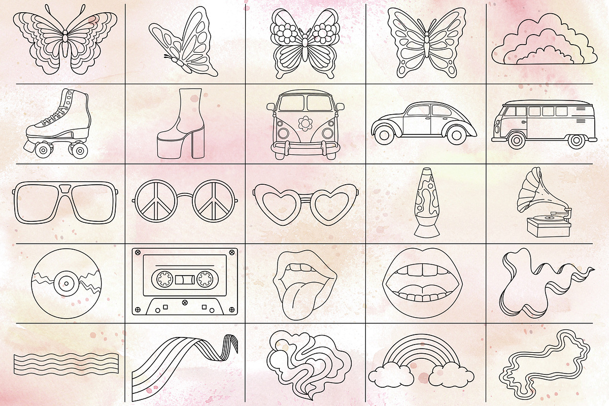 50 Retro Groovy Procreate stamps, a Brush Add-On by SecondOfJuly (Photo 5 of 6)