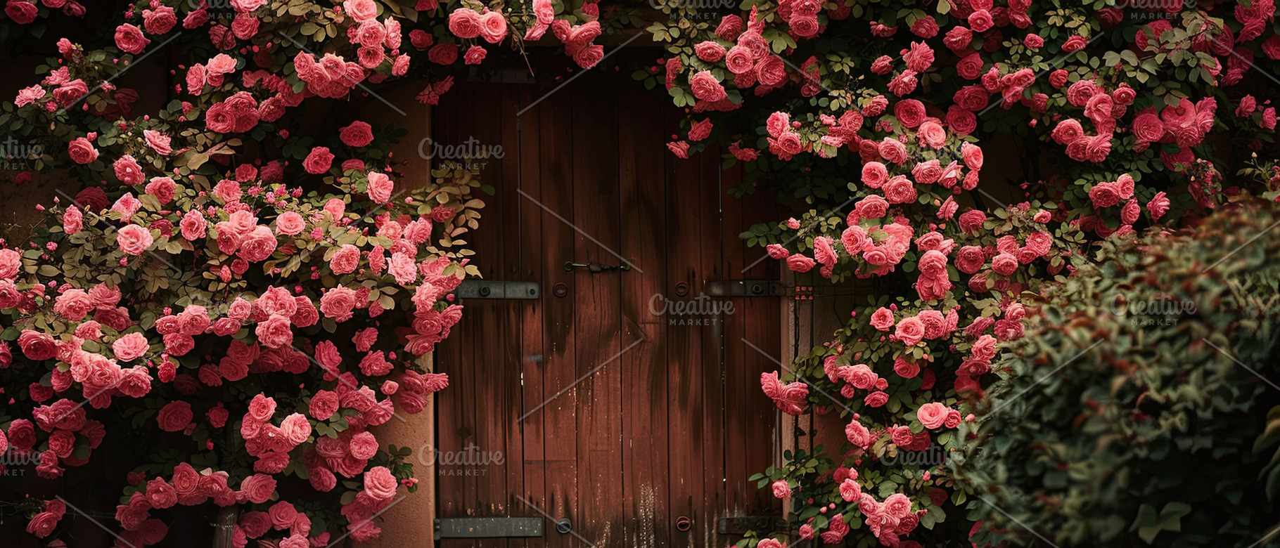 Doorway covered with pink rose flowe, a Photo by LOGOCREATIVE