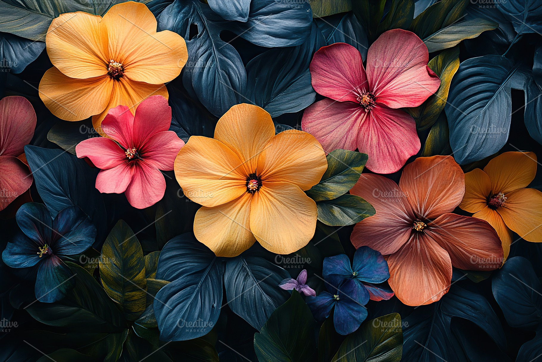 Brightly colored flowers and leaves create a vibrant tropical background, a Nature Photo by AlyaAnd