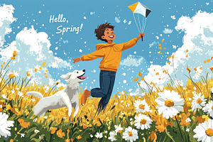 Joyful child flying a kite with a happy dog in a spring meadow f, a Holiday Photo by José Manuel Gelpi