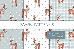 Watercolor Fawn Seamless Pattern Set