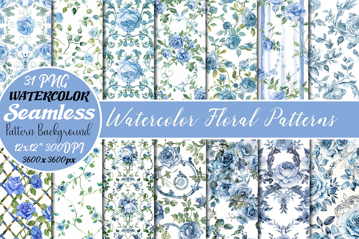Watercolor Floral Patterns Set, a Pattern Graphic by DreamCafeArt (Photo 1 of 5)