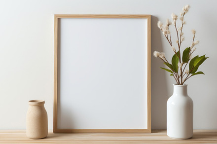 Empty Frame on Wooden Shelf with Plant, an Abstract Photo by Natalia Klenova's Shop