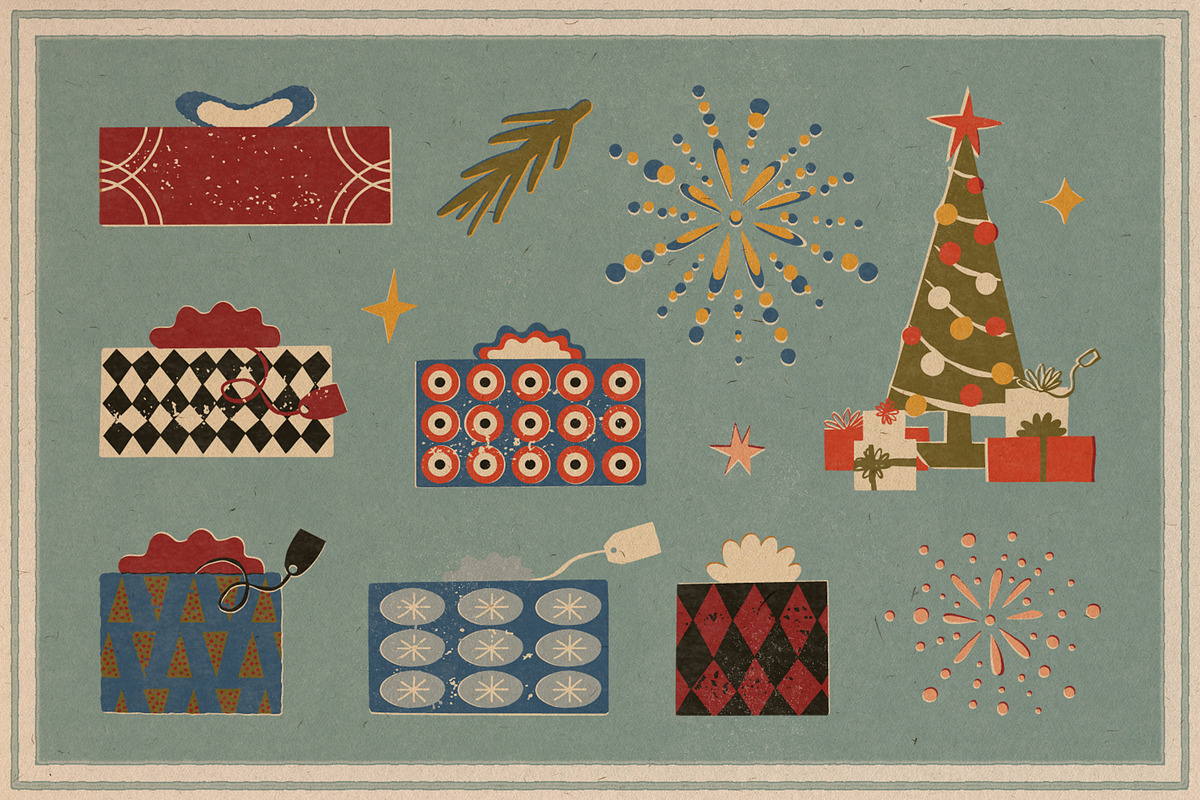 Happy Holidays set: retro edition, a Decorative Illustration by Paper Cherry (Photo 5 of 21)