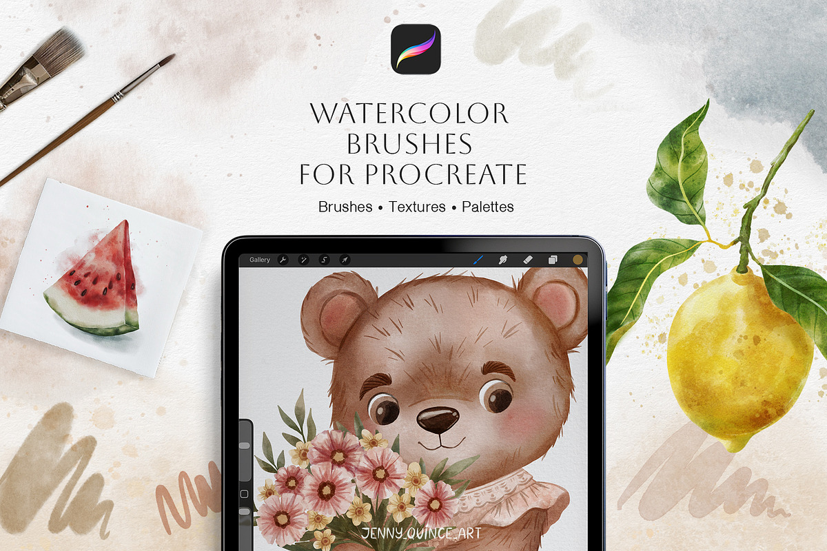 Procreate Brushes-Watercolor brushes, a Brush Add-On by Jenny Quince (Photo 1 of 12)