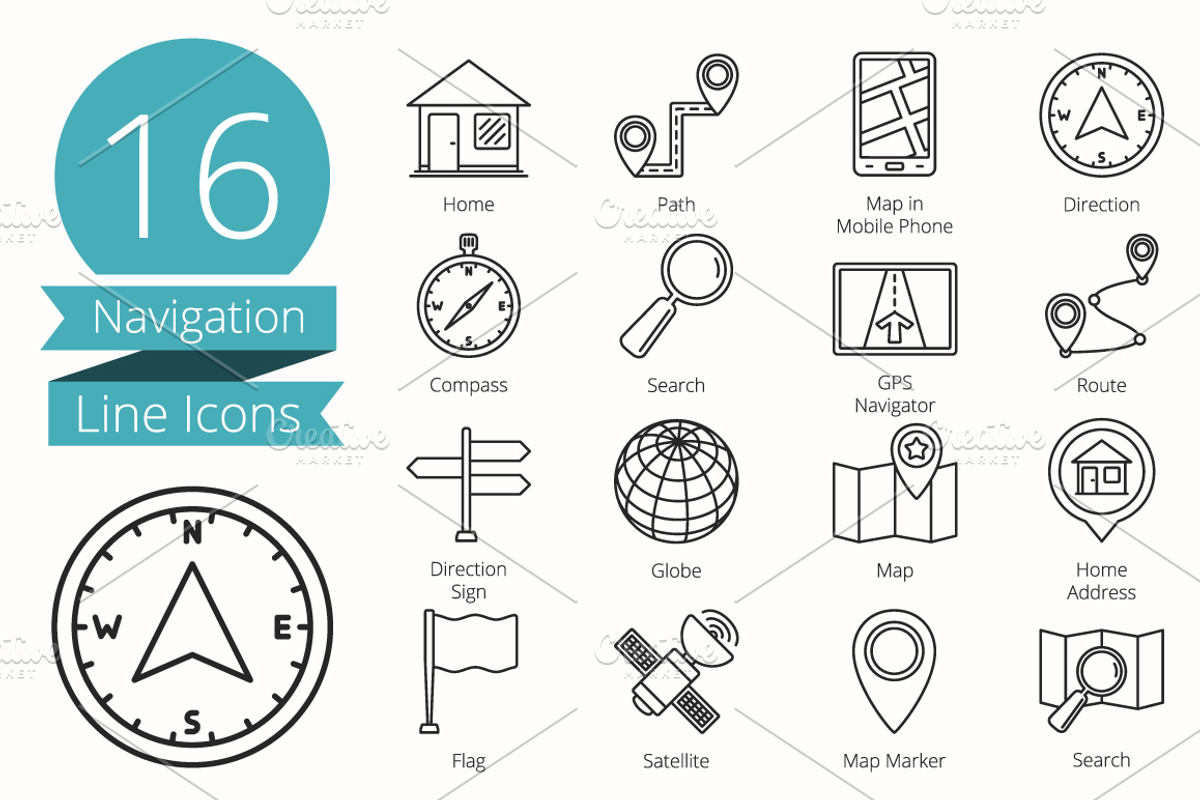 16 Navigation Line Icons, an Outline Icon by PixMarket