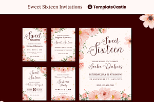 5 Sweet Sixteen Invitations Floral, a Templates & Theme by TemplateCastleStore