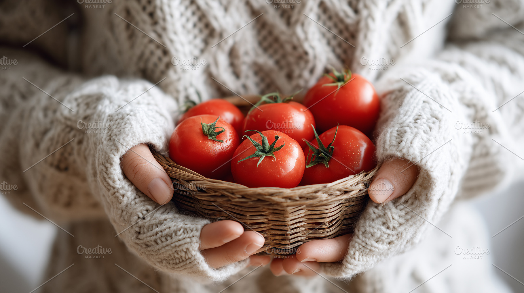 Fresh red tomatoes in wicker basket, a Food & Drink Photo by MistyDay