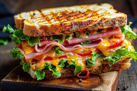 Toast sandwich with cheese, turkey ham, tomato and fresh lettuce on cutting boa, a Food & Drink Photo by AlyaAnd