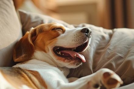 Cozy Beagle Enjoying a Relaxing Yawn on a Comfy Sofa - Generativ, an Animal Photo by José Manuel Gelpi