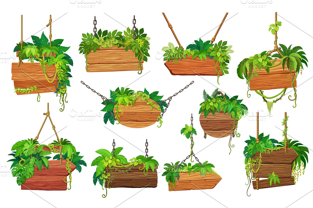 Wooden sign boards with jungle, an Object Illustration by Vector Tradition