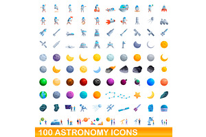 100 Astronomy Icons Set, Cartoon