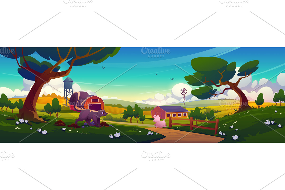 Cartoon pig runs from angry skunk on, an Animal Illustration by art PVP - market