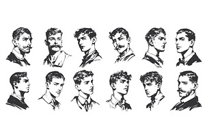 men portrait engraving set. drawing, an Object Illustration by Stock-Smart-Start