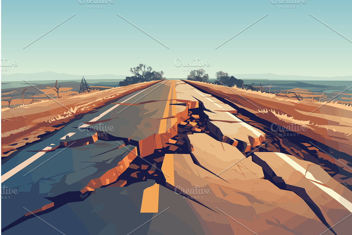 Cartoon destroyed road after a, an Illustration by LadadikArt