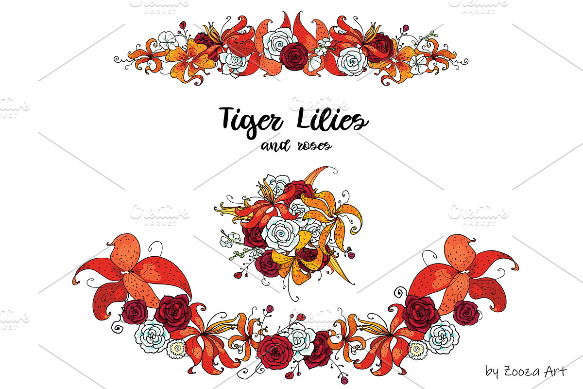 Tiger Lilies & Roses - clip-art, an Illustration by Zooza Art (Photo 7 of 15)