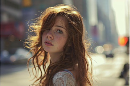 A woman with red hair is standing on, a Beauty & Fashion Photo by Ylivdesign