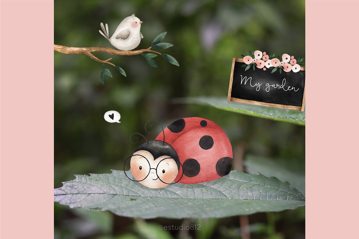 Cute garden watercolor clipart set, an Animal Illustration by Estudio 812 (Photo 8 of 8)