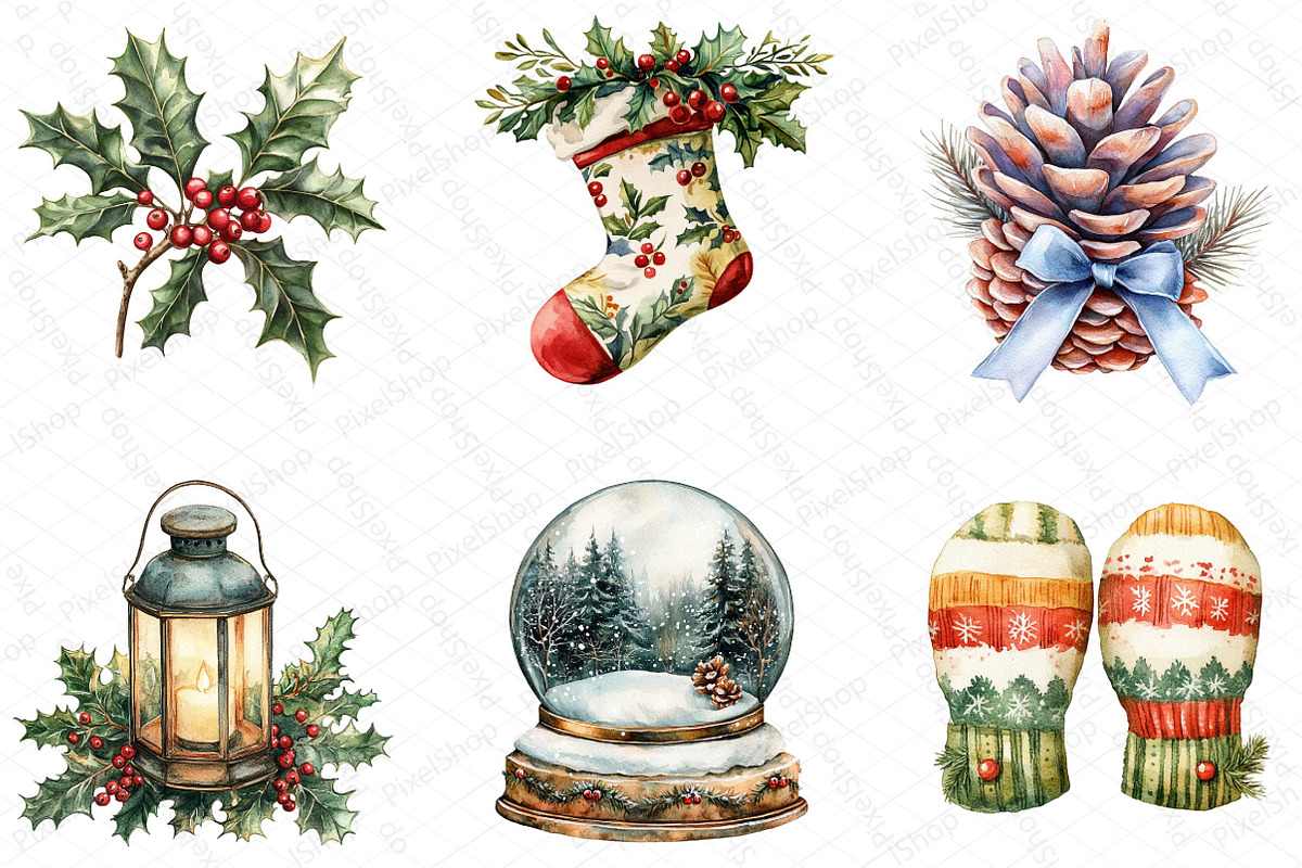 Watercolor Vintage Drawing Christmas, an Illustration by DreamPrint404 (Photo 3 of 7)