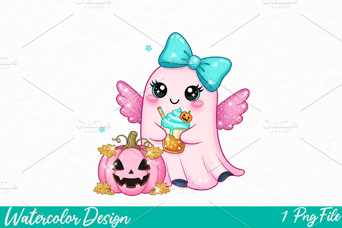 Cute Ghost With Bow Png, an Illustration by Watercolor design (Photo 1 of 3)