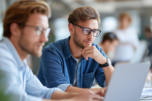 Two young men in glasses working, a Business Photo by MistyDay