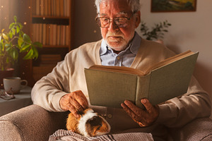 Elderly man reading indoors with guinea pig, a Person Photo by DanFLCreativo