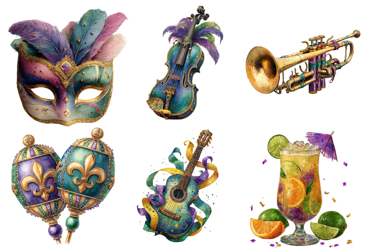 Watercolor Mardi Gras Clipart Bundle, an Illustration by Designworld (Photo 3 of 5)
