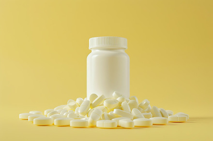 Medicine pills and white plastic bottle on yellow background, a Health & Medical Photo by AlyaAnd