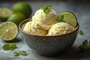 Refreshing lime sorbet served in a b, a Photo by Tanuart