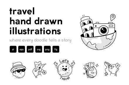 Travel Doodles Icons Pack, a Solid Icon by Vectors Market