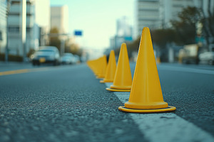 Bright yellow road cones arranged in a clean and orderly fashion, an Industrial Photo by AlyaAnd