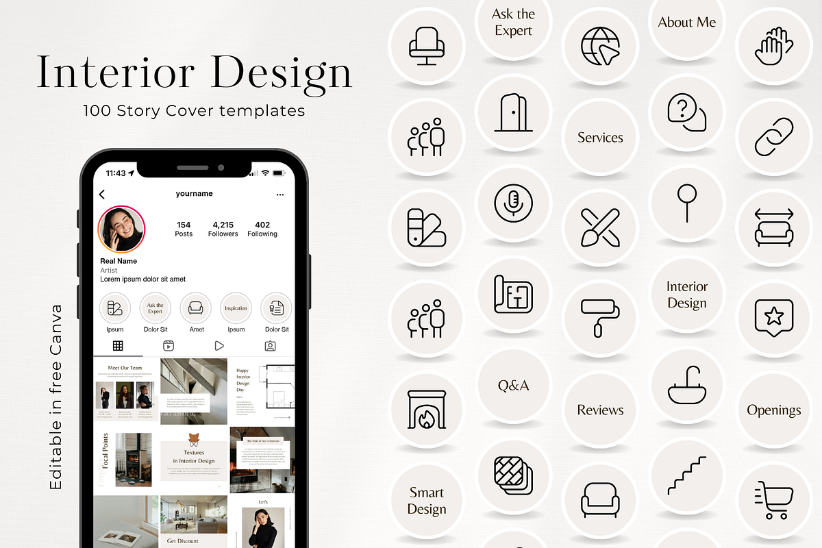 100 Interior Design Story Highlights, a Social Media Template by PatternLab. (Photo 1 of 9)