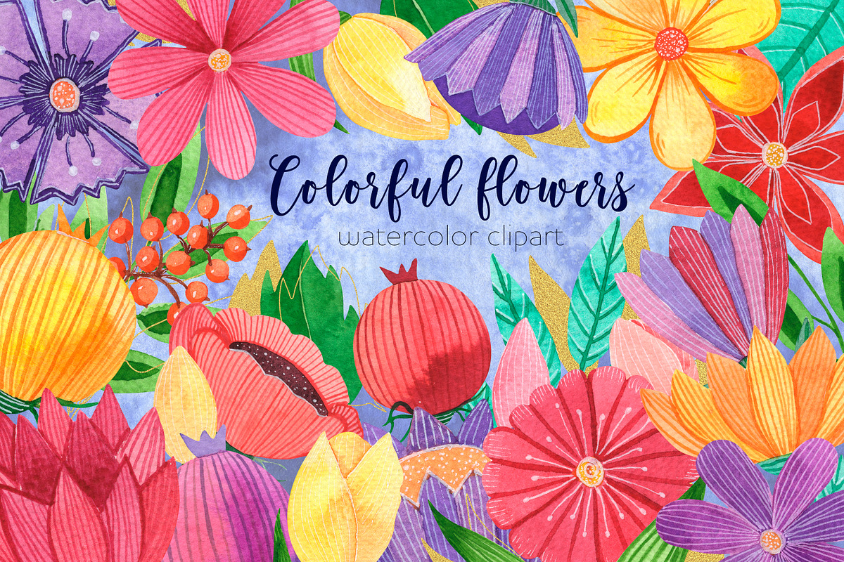 Colorful watercolor flowers clipart, a Decorative Illustration by AnastasiaWatercolor (Photo 1 of 7)