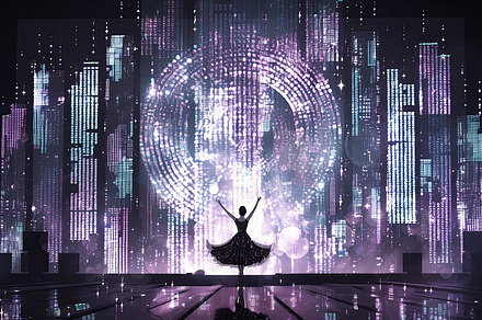 Elegant dancer performing on a futuristic stage with glowing vibrant cityscape, a Photo by AS photostudio