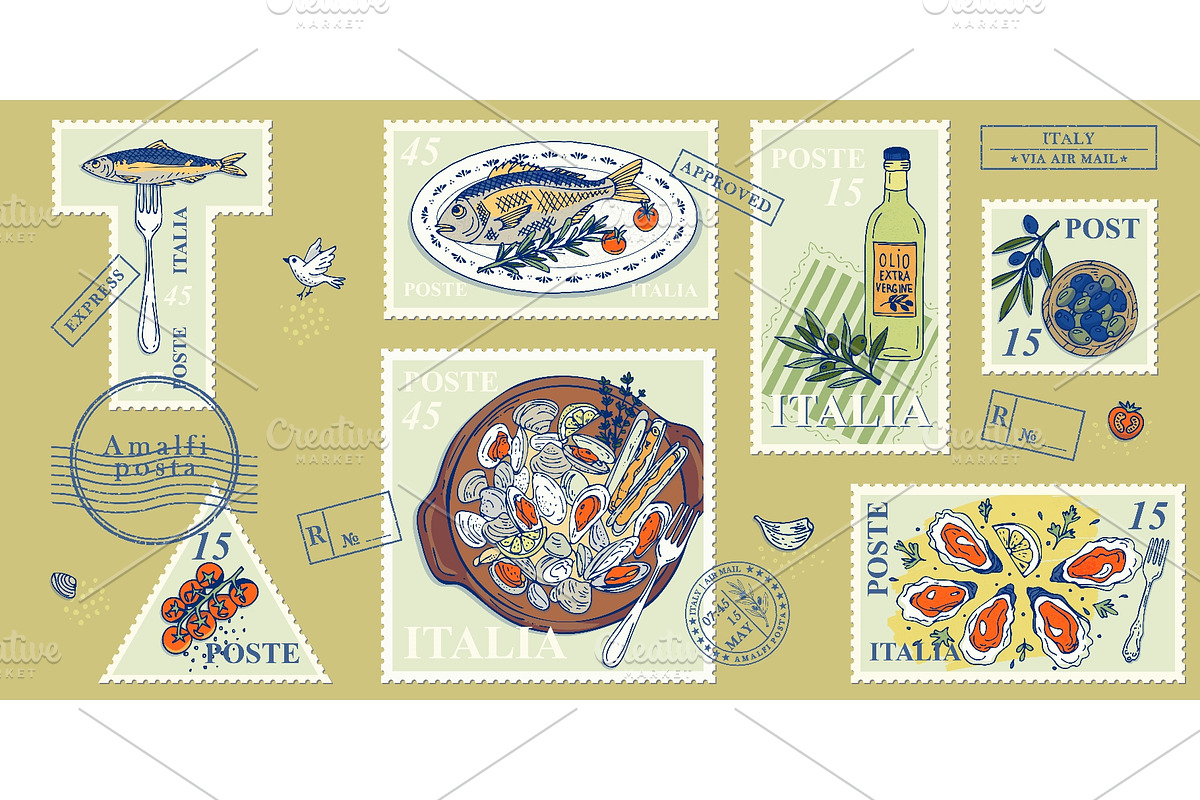 Italian seafood postage stamp, an Object Illustration by Zimages (Photo 1 of 3)