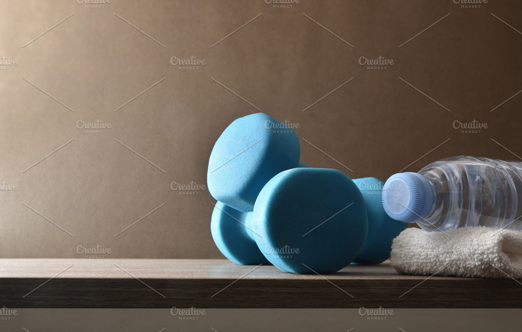Blue Dumbbells and Water Bottle with Copy Space, a Sports & Recreation Photo by Davizro's Market