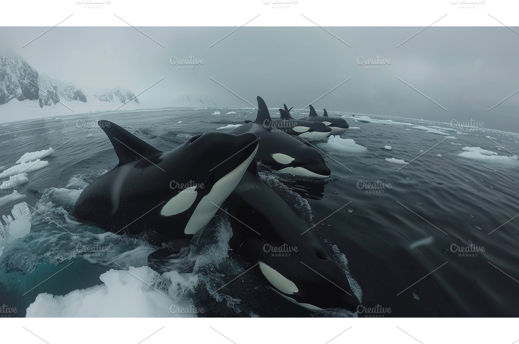 Group of Orca Whales Swimming in the, an Animal Photo by Goinyk