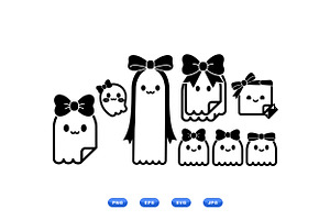 Kawaii Bow Ghost Clipart, an Illustration by designvectx