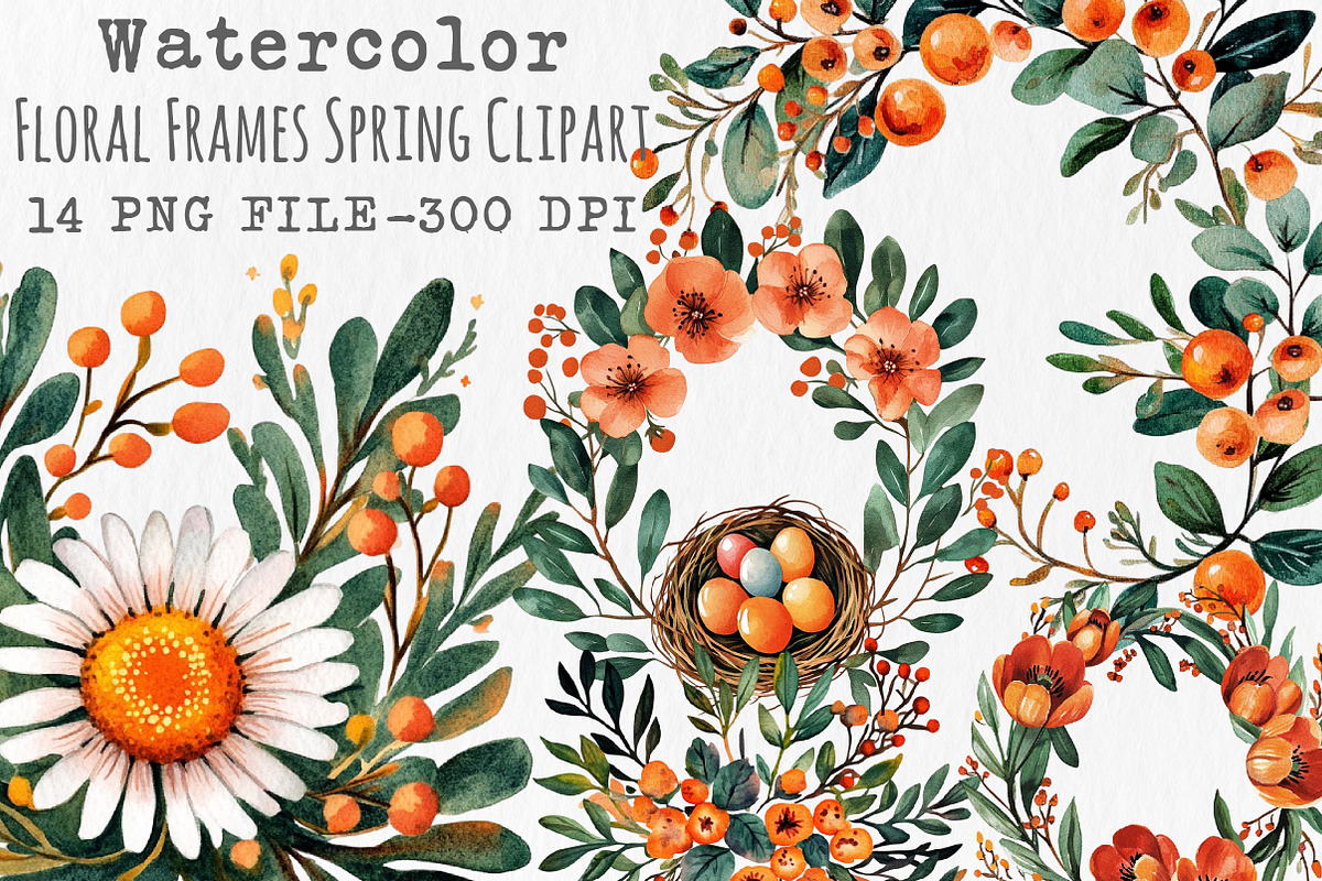 Watercolor Floral Frames Spring PNG, an Illustration by Libby Wishes (Photo 1 of 7)