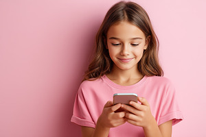 Young girl in a pink shirt smiles, a Technology Photo by MistyDay