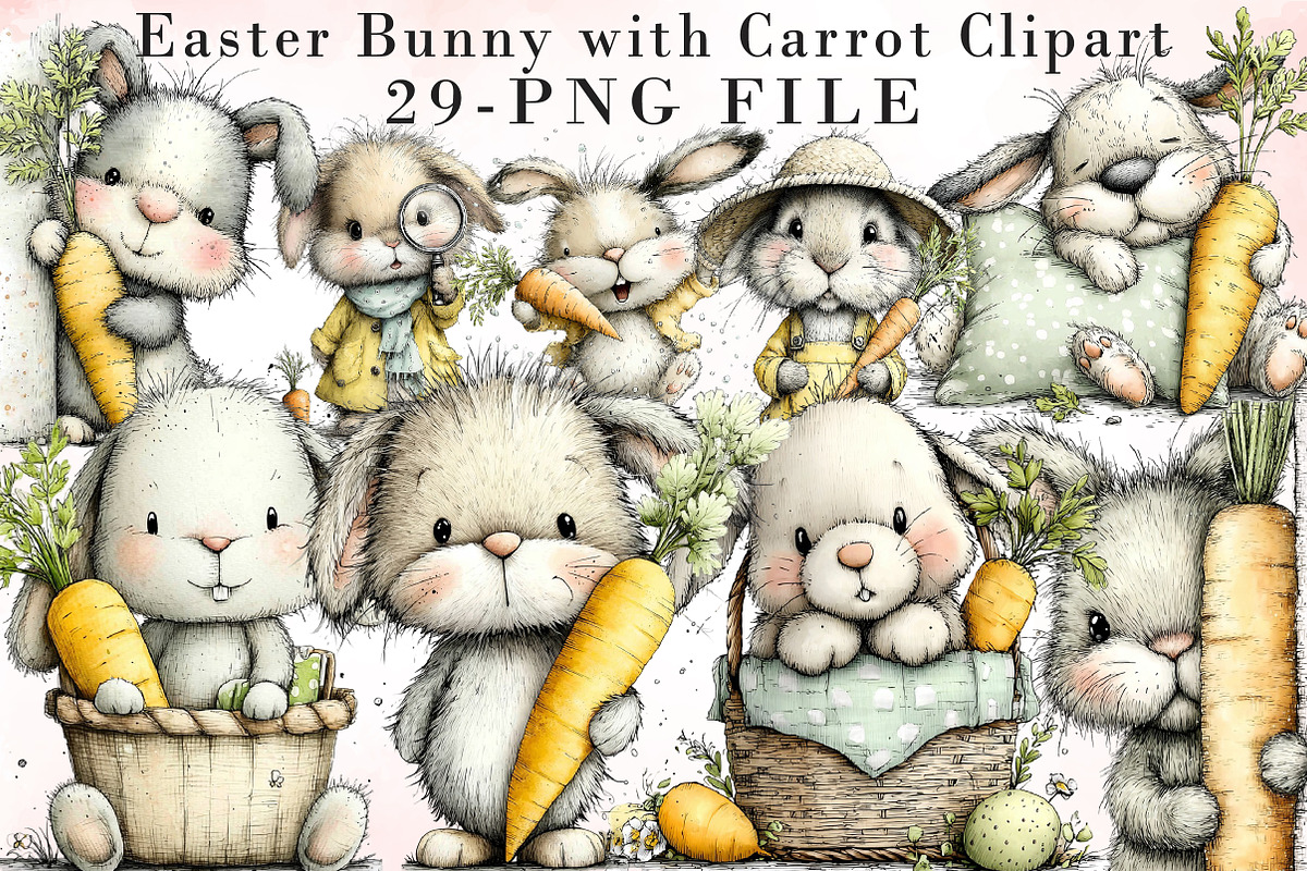 Easter Bunny with Carrot Clipart, an Illustration by Libby Wishes (Photo 1 of 7)