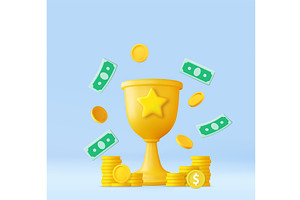 3D golden trophy with money and, a Person Illustration by ModVector
