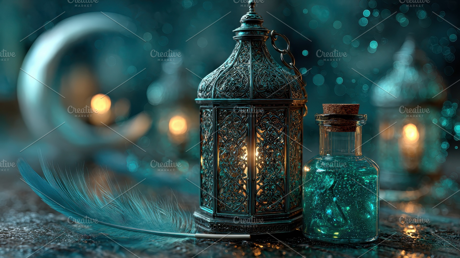 Teal Lantern Bottle Feather Magical, an Abstract Photo by Pixeness Studio